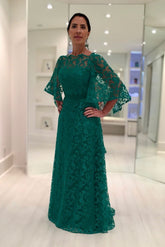 Charming Dark Green A-Line Mother of Bride Crew Cap Sleeves Long Lace Bridesmaid Dress